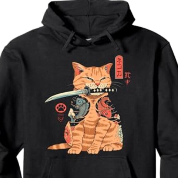 Japanese Samurai Ninja Cat Kawaii Tattoo Graphic Pullover Hoodie - Picture 2 of 2